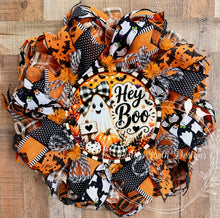 Load image into Gallery viewer, Hey Boo Halloween Ghost Deco Mesh Wreath | Orange, Black &amp; White Front Door Wreath with Ghosts, Bats &amp; Pumpkins
