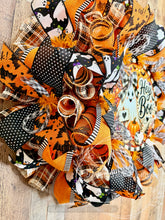 Load image into Gallery viewer, Hey Boo Halloween Ghost Deco Mesh Wreath | Orange, Black &amp; White Front Door Wreath with Ghosts, Bats &amp; Pumpkins
