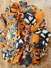 Load image into Gallery viewer, Hey Boo Halloween Ghost Deco Mesh Wreath | Orange, Black &amp; White Front Door Wreath with Ghosts, Bats &amp; Pumpkins
