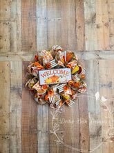 Load image into Gallery viewer, Fall Pumpkin Welcome Wreath with Rustic Pumpkin Sign | Orange &amp; Neutral Front Door Decor | 25” Deco Mesh Wreath
