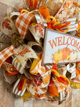 Load image into Gallery viewer, Fall Pumpkin Welcome Wreath with Rustic Pumpkin Sign | Orange &amp; Neutral Front Door Decor | 25” Deco Mesh Wreath
