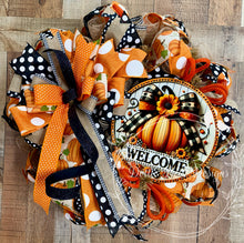 Load image into Gallery viewer, Welcome Pumpkin Fall Wreath | Orange Black and White Front Door Decor
