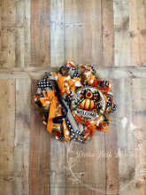 Load image into Gallery viewer, Welcome Pumpkin Fall Wreath | Orange Black and White Front Door Decor
