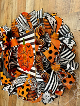 Load image into Gallery viewer, Trick or Treat Halloween Wreath | Orange, Black and White Pumpkin Front Door Decor
