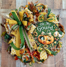 Load image into Gallery viewer, Oh My Gourd Fall Pumpkin Wreath | Green, Mustard Yellow and Orange Autumn Front Door Décor

