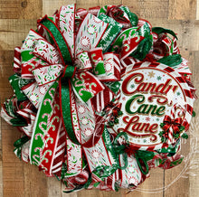 Load image into Gallery viewer, Candy Cane Lane Christmas Wreath – Red, Green and White Peppermint Door Décor
