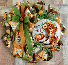 Load image into Gallery viewer, Hello Fall Wreath with Pumpkin, Boots &amp; Fall Flowers | Green &amp; Orange Autumn Front Door Wreath
