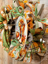 Load image into Gallery viewer, Hello Fall Wreath with Pumpkin, Boots &amp; Fall Flowers | Green &amp; Orange Autumn Front Door Wreath
