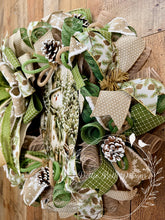 Load image into Gallery viewer, Woodland Snowman Christmas Wreath – Green and Neutral Winter Door Decor
