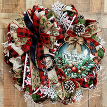 Load image into Gallery viewer, Rustic Merry Christmas Wreath with Red Buffalo Plaid, Pinecones and Snowflakes
