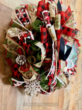 Load image into Gallery viewer, Rustic Merry Christmas Wreath with Red Buffalo Plaid, Pinecones and Snowflakes
