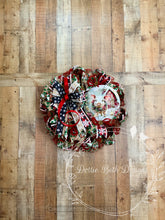 Load image into Gallery viewer, Rustic Christmas Pig Wreath with Red Barn and Snowflake Ribbons
