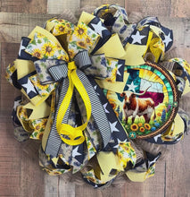 Load and play video in Gallery viewer, Texas Longhorn Sunflower Wreath – Bluebonnet &amp; Navy Ribbon Front Door Decor

