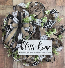 Load and play video in Gallery viewer, Farmhouse Bless This Home Wreath with Neutral Burlap, Black and White Ribbon, and Greenery – Approx 25 Inch Door Wreath
