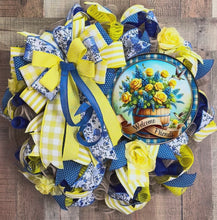 Load and play video in Gallery viewer, Blue and Yellow Welcome Friends Wreath – Spring Summer Front Door Decor
