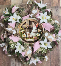 Load and play video in Gallery viewer, Easter Bunny Wreath with Cross Sign, Pink and Green Spring Deco Mesh Wreath, Easter Blessings Front Door Decor
