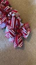 Load and play video in Gallery viewer, Peppermint Candy Cane Christmas Garland – Red and White Mesh and Ribbon Centerpiece

