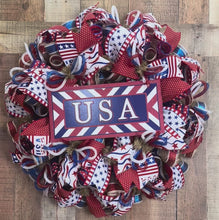Load and play video in Gallery viewer, Patriotic USA Deco Mesh Wreath – Red White Blue Fourth of July Door Wreath – 25 Inch
