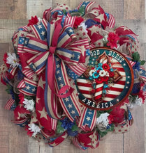 Load and play video in Gallery viewer, God Bless America Floral Cross Wreath | Patriotic Front Door Decor | 4th of July Memorial Day Wreath

