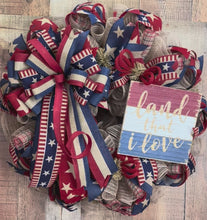 Load and play video in Gallery viewer, Land That I Love - Patriotic Stars and Stripes Deco Mesh Wreath with Rustic Sign
