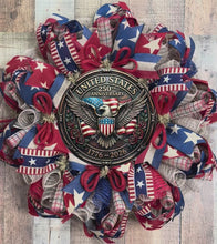 Load and play video in Gallery viewer, Patriotic American Eagle Wreath – United States 250th Anniversary 1776–2026 Red White and Blue Front Door Wreath
