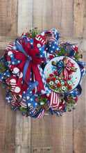 Load and play video in Gallery viewer, Patriotic Cross Poppy Field Wreath | Memorial Day 4th of July Front Door Decor | Red White Blue Deco Mesh Wreath
