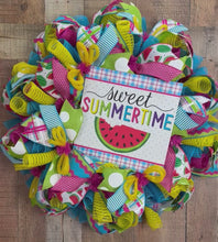 Load and play video in Gallery viewer, Sweet Summertime Watermelon Wreath – Bright Summer Door Decor in Pink, Blue, Yellow &amp; Lime Green
