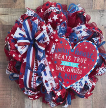 Load and play video in Gallery viewer, Patriotic Wreath – “Every Heart Beats True” Red White and Blue Deco Mesh Wreath with Firework Ribbon and Large Bow

