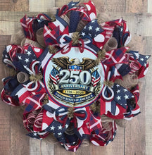 Load and play video in Gallery viewer, Patriotic 250th Anniversary Wreath – USA 1776–2026 Eagle Deco Mesh Door Wreath
