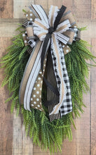 Load and play video in Gallery viewer, Farmhouse Bead Grass Wreath Swag with Black and Tan Bow, Neutral Front Door Decor, Buffalo Check Rustic Farmhouse Door Hanger
