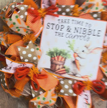 Load and play video in Gallery viewer, Easter Bunny Carrot Wreath – Stop &amp; Nibble Carrots Spring Mesh Wreath with Rustic Polka Dot Ribbon
