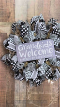 Load and play video in Gallery viewer, Grandkids Welcome Wreath – Black and White Deco Mesh Door Decor
